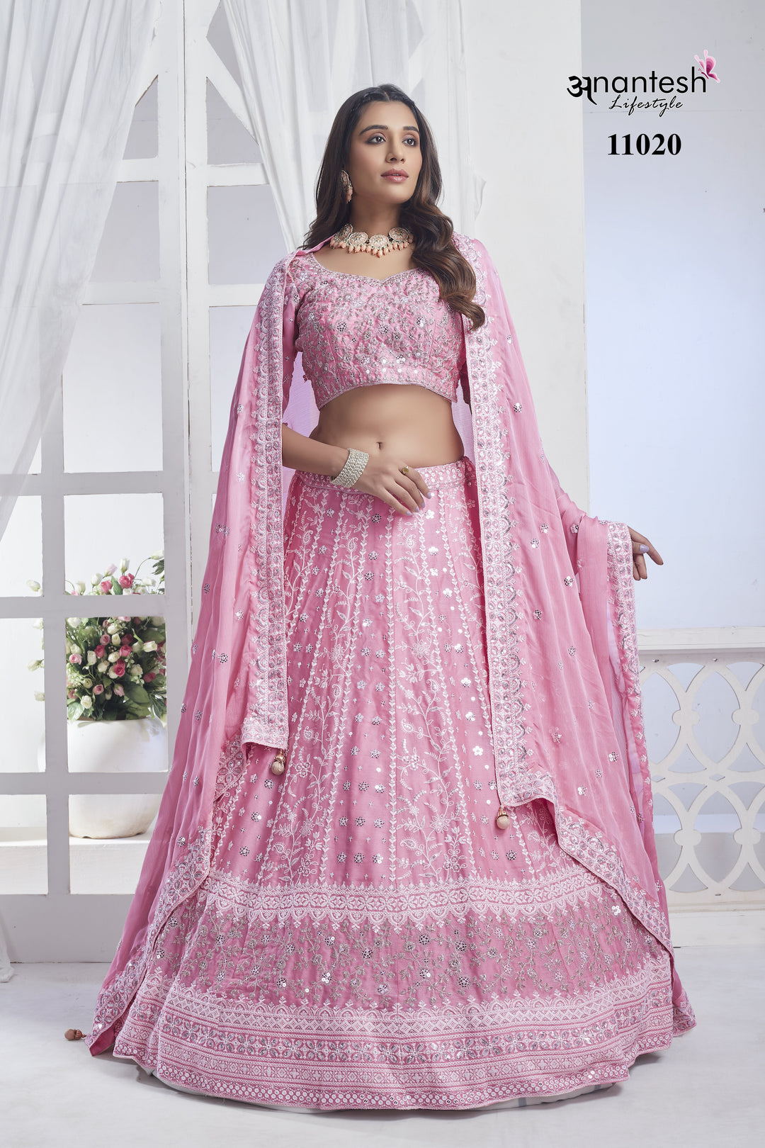 Baby Pink Chiffon Lehenga | Elegant Sequins & Embroidered Choli Set