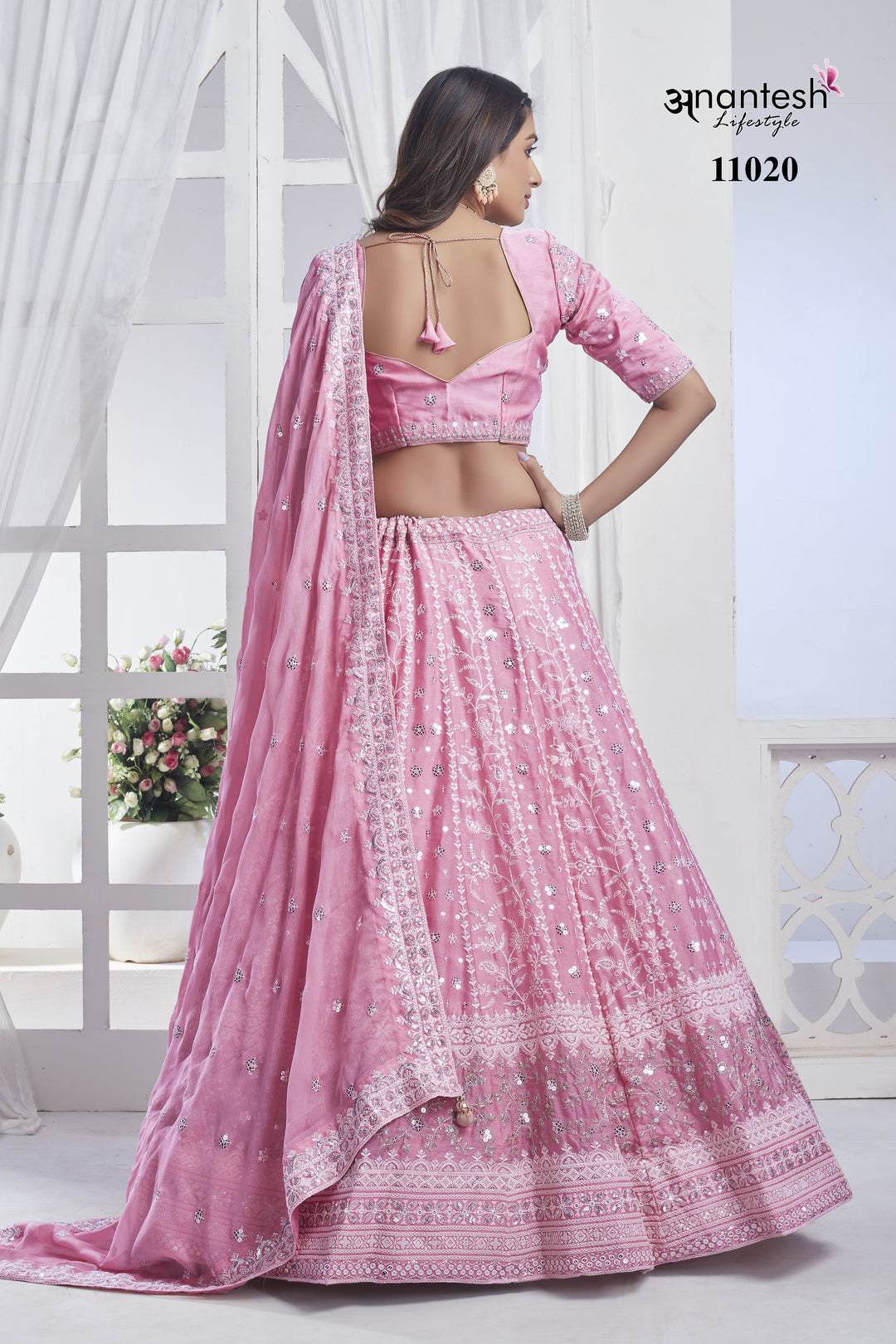 Baby Pink Chiffon Lehenga | Elegant Sequins & Embroidered Choli Set