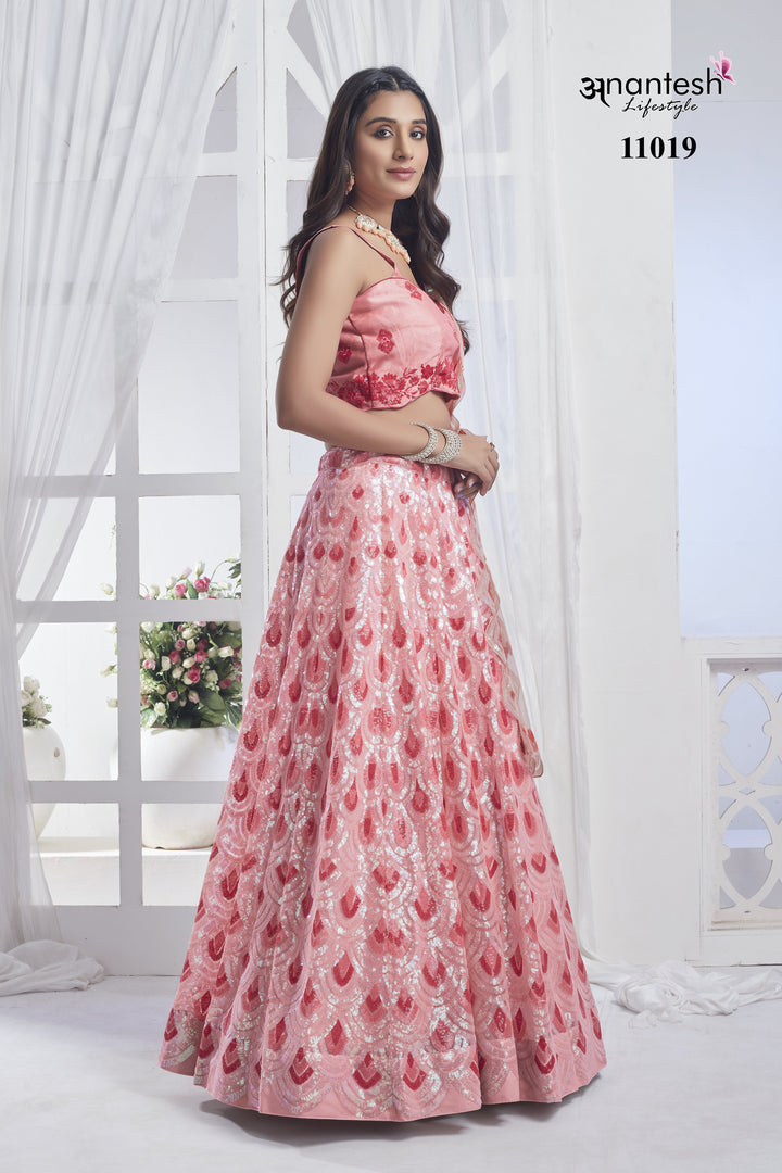 Peach Net Lehenga with Silk Blouse | Elegant Sequins Lehenga Choli