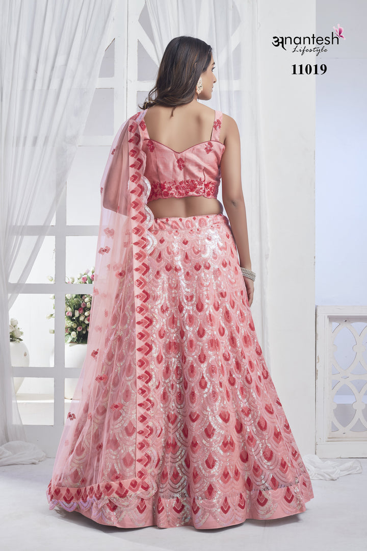 Peach Net Lehenga with Silk Blouse | Elegant Sequins Lehenga Choli