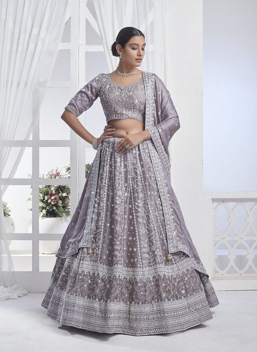 Graceful Silver Chiffon Lehenga | Embroidered Lehenga Choli Set