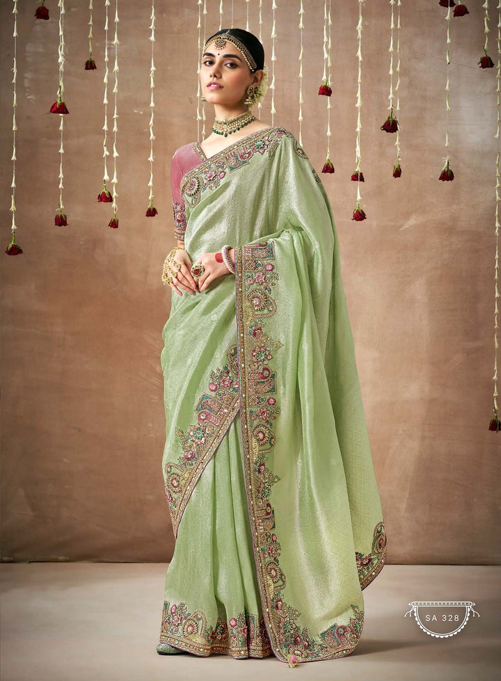 Fresh Light Green Banarasi Tissue Silk Saree | Elegant Zari Floral Work for Saadi