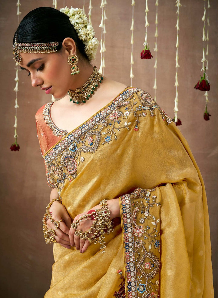 Elegant Mustard Yellow Banarasi Tissue Silk Saree | Gold Zari Embroidery & Floral Motifs