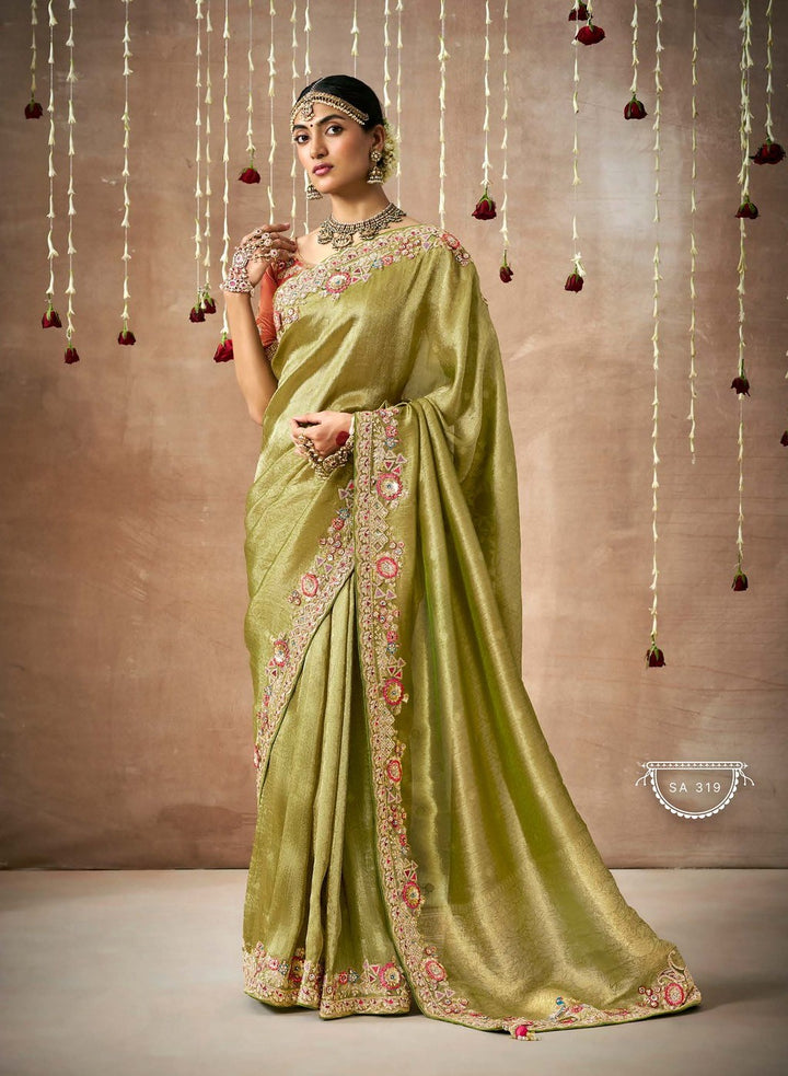 Vibrant Lime Green Banarasi Tissue Silk Saree | Zari Floral Motifs for Indian Weddings