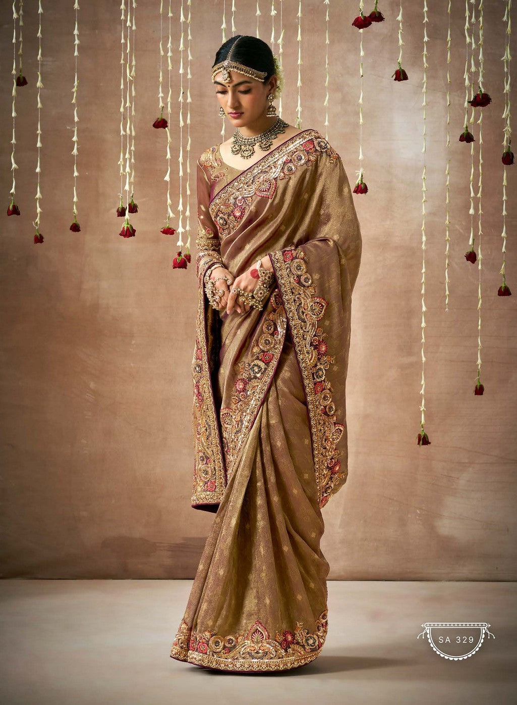 Timeless Beige Banarasi Tissue Silk Saree | Gold Zari Detailing for Formal Sadi