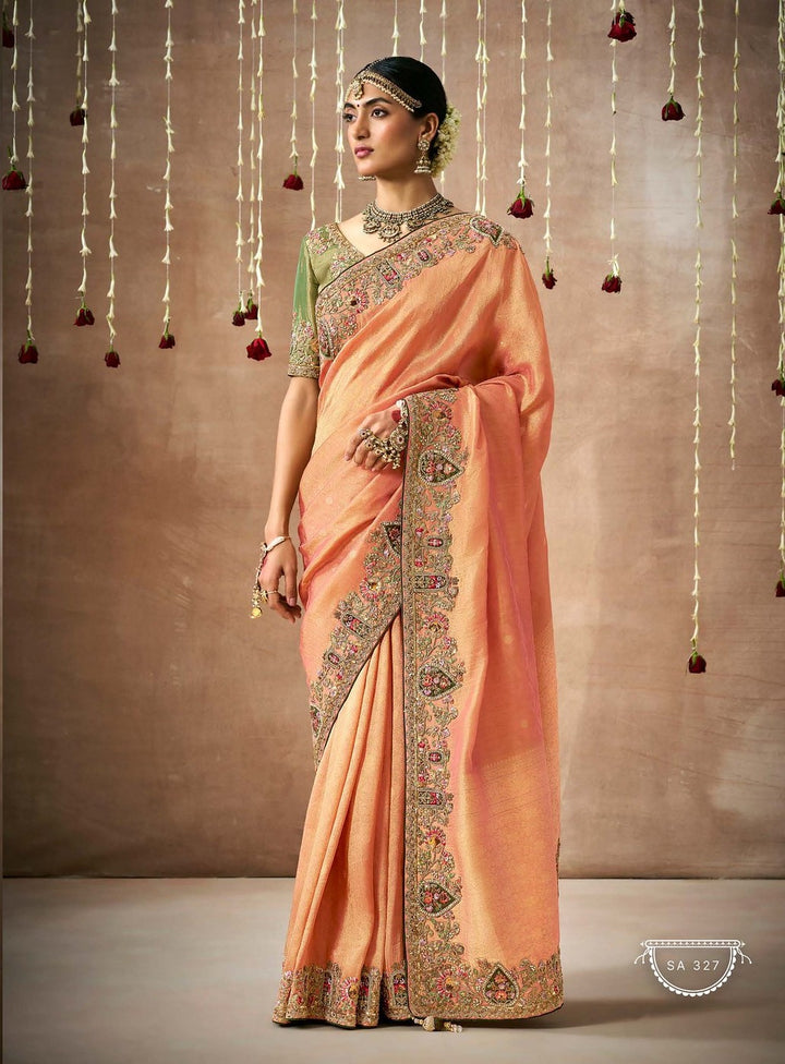 Delicate Peach Banarasi Tissue Silk Saree | Gold Zari Motifs for Wedding Sadi