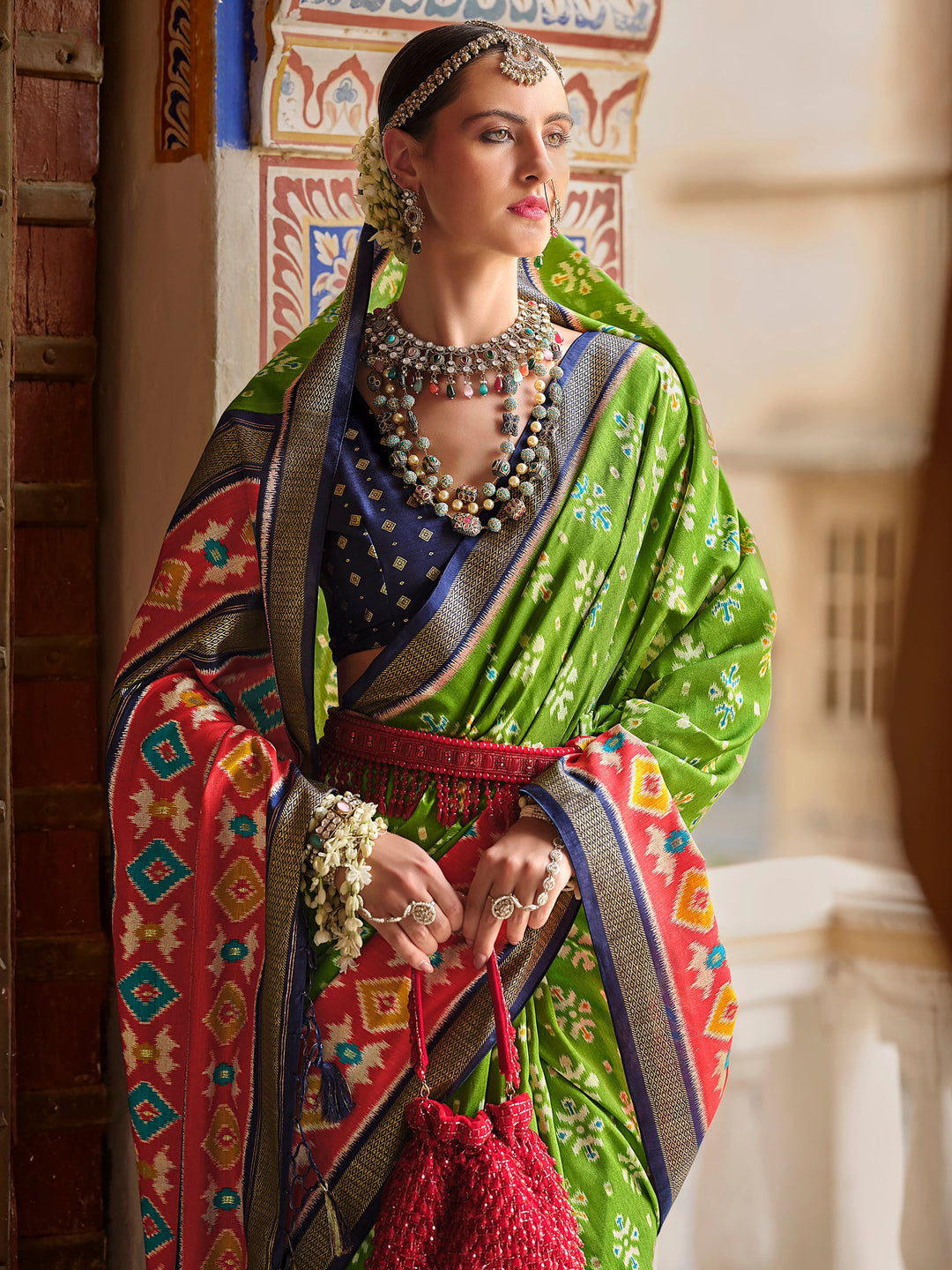 Vibrant color luxurious fabric exclusive attire crafted for elegance and style.