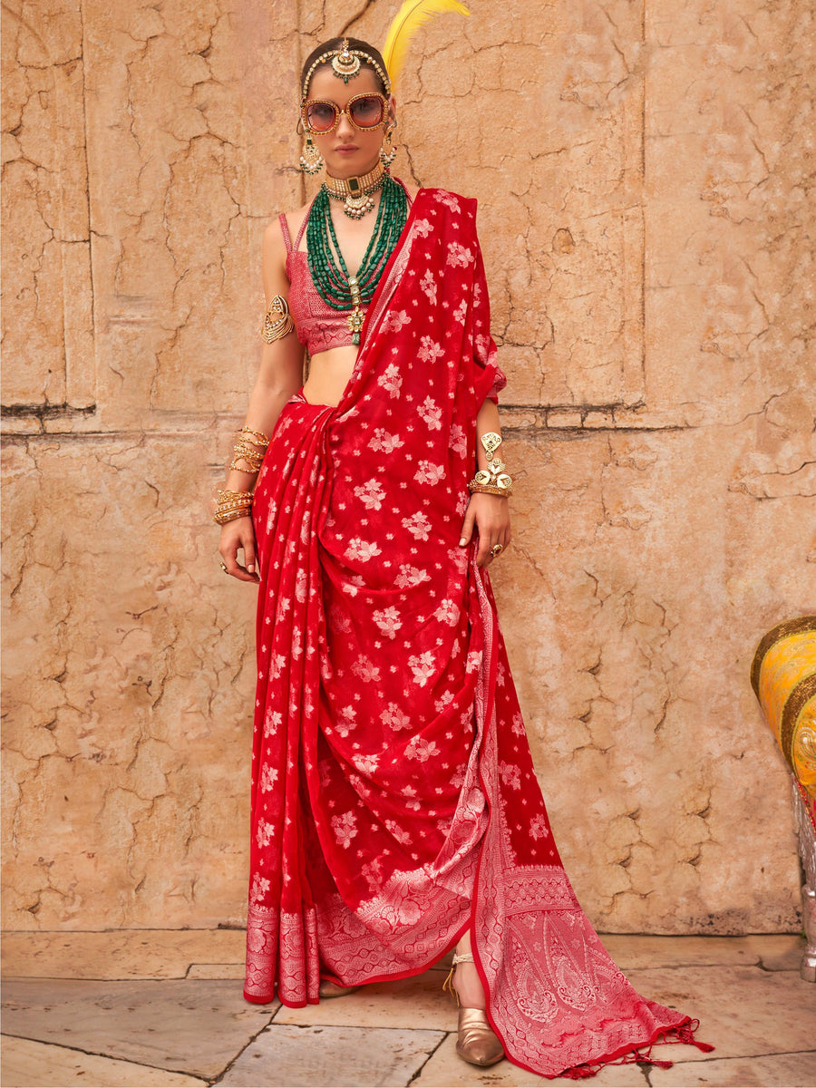 Red georgette saree crafted for elegance and style.