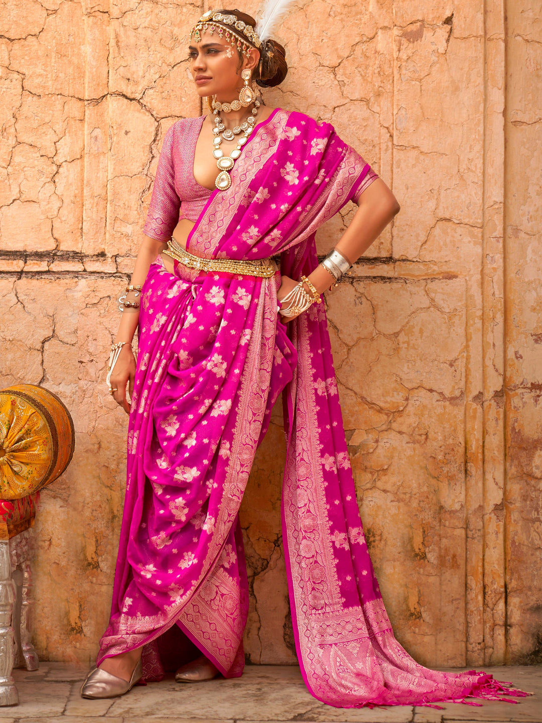 Pink georgette saree crafted for elegance and style.