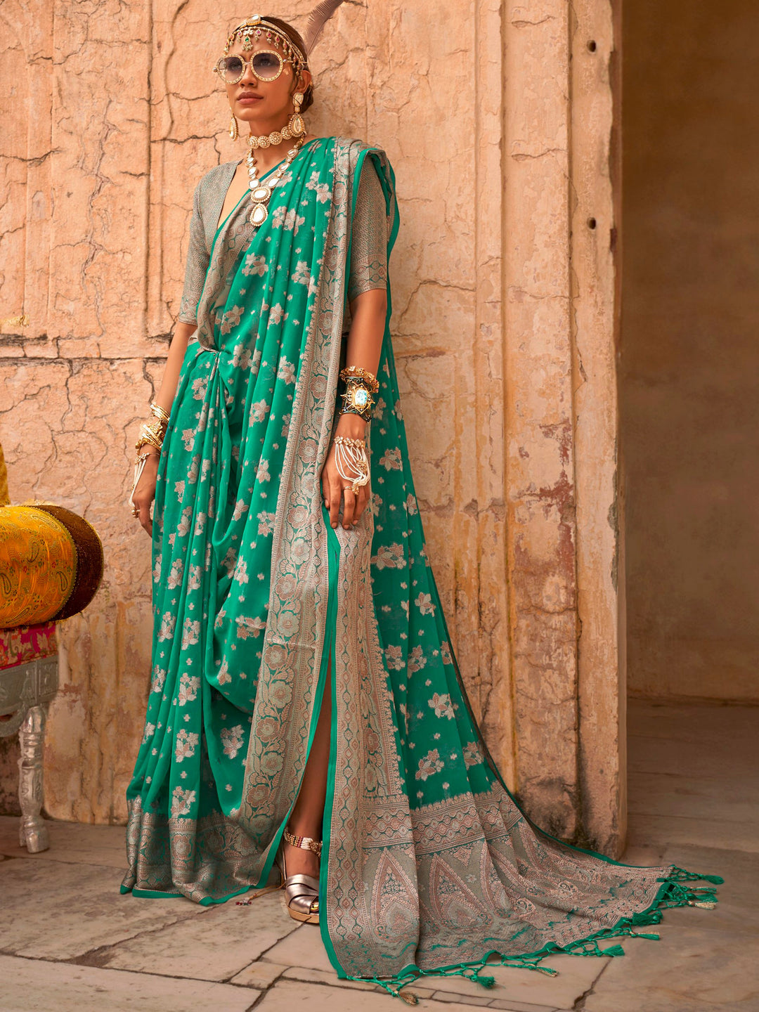 Green georgette saree crafted for elegance and style.