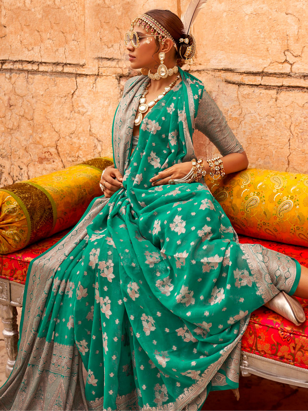 Vibrant color luxurious fabric exclusive attire crafted for elegance and style.