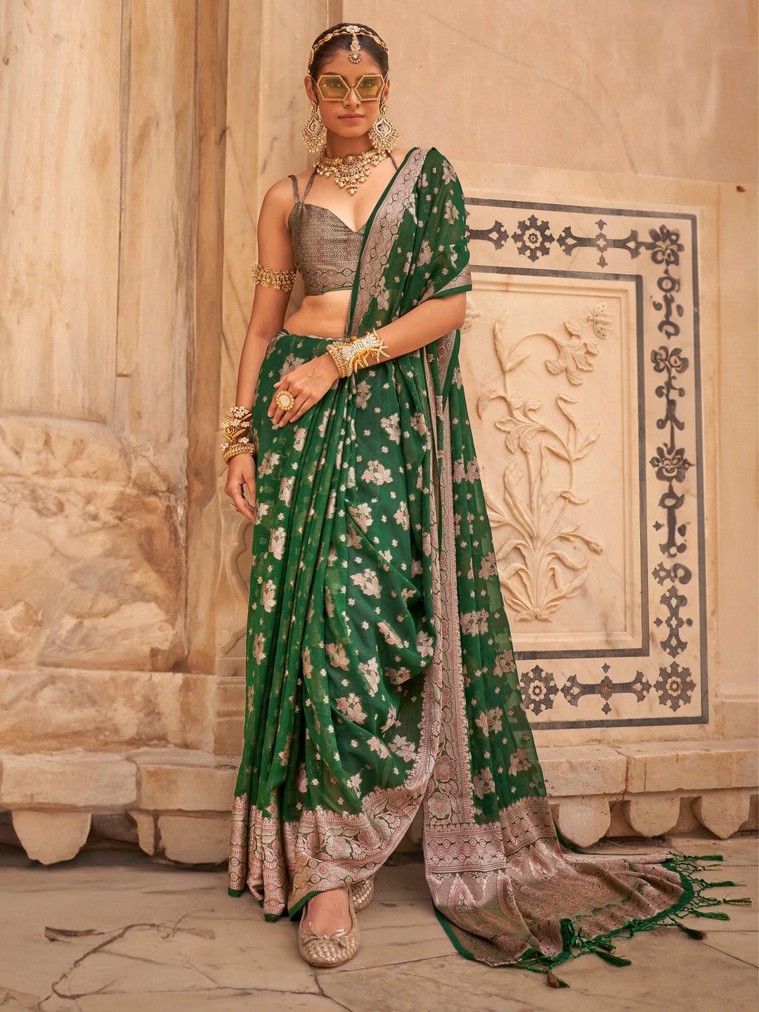 Green georgette saree crafted for elegance and style.