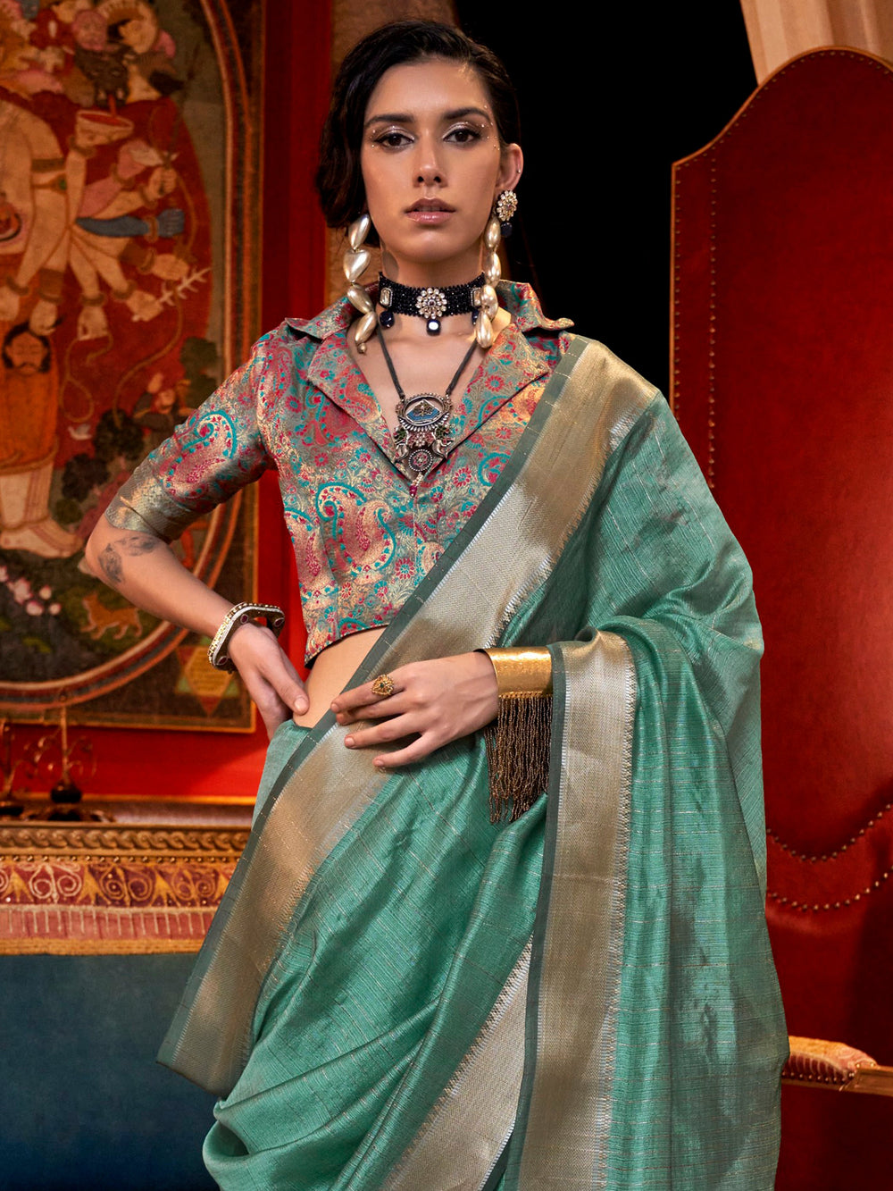 Vibrant color luxurious fabric exclusive attire crafted for elegance and style.