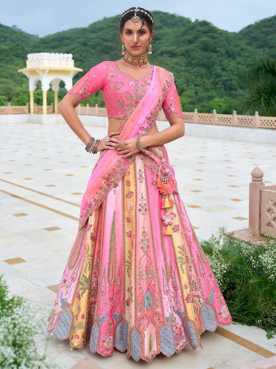 Multicolor Bridal Lehenga | Wedding Lehenga Choli with Hot Pink Blouse