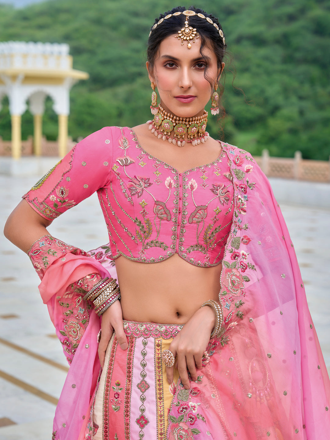 Multicolor Bridal Lehenga | Wedding Lehenga Choli with Hot Pink Blouse