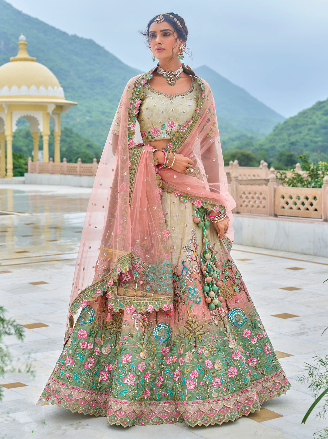 Heavy Embroidered Multicolor Lehenga | Bridal Lehenga with Grey Blouse