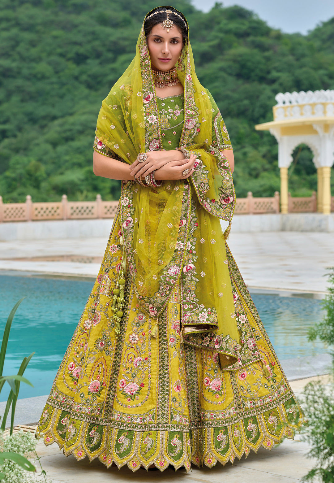 Mustard Designer Lehenga | Heavy Embroidered Lehenga with Mehendi Blouse