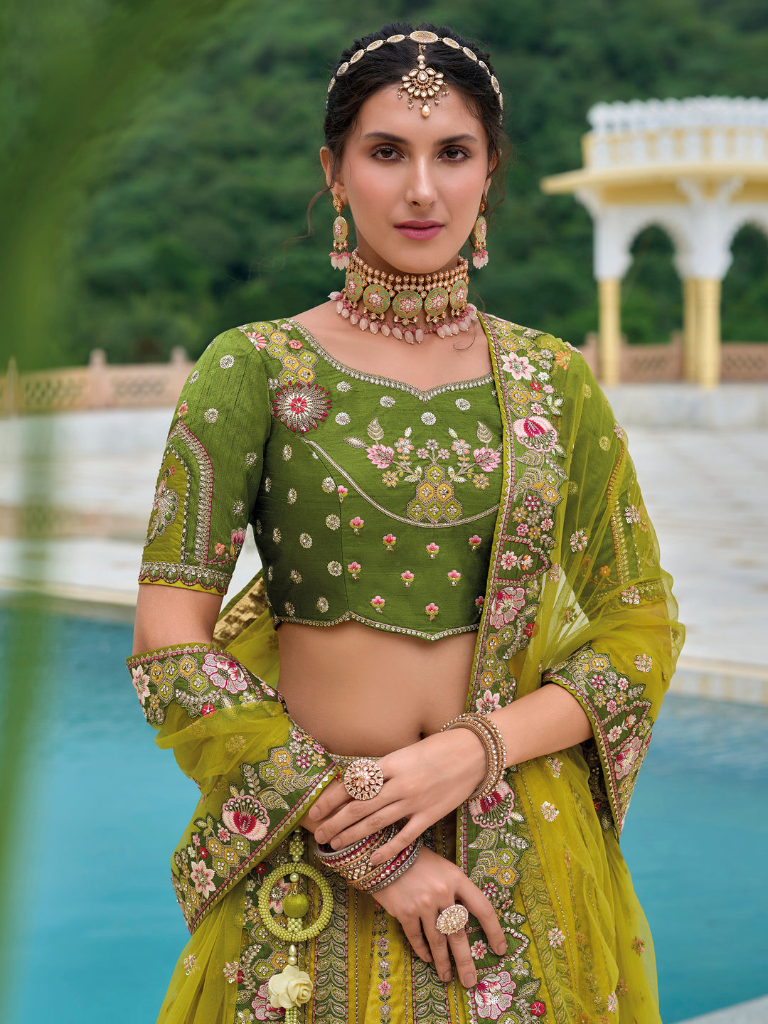 Mustard Designer Lehenga | Heavy Embroidered Lehenga with Mehendi Blouse