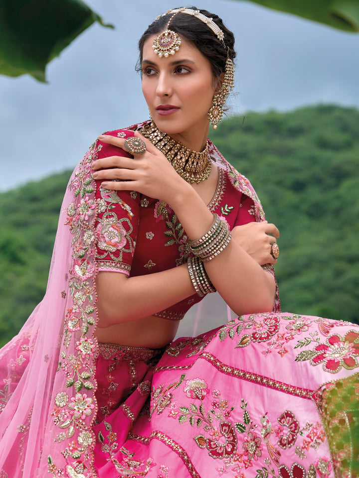 Bridal Rani Pink Lehenga Set | Heavy Embroidered Lehenga with Light Pink Dupatta