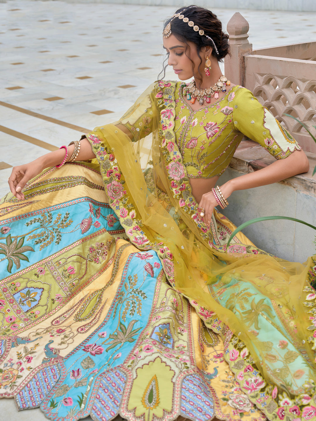 Multicolor Bridal Lehenga Choli | Silk Lehenga with Heavy Embroidery