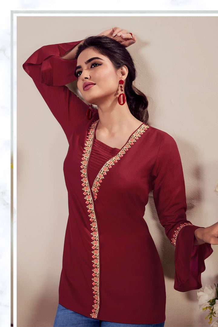 Stylish Maroon Kurti | Elegant Designer Embroidery Work for Casual Wear