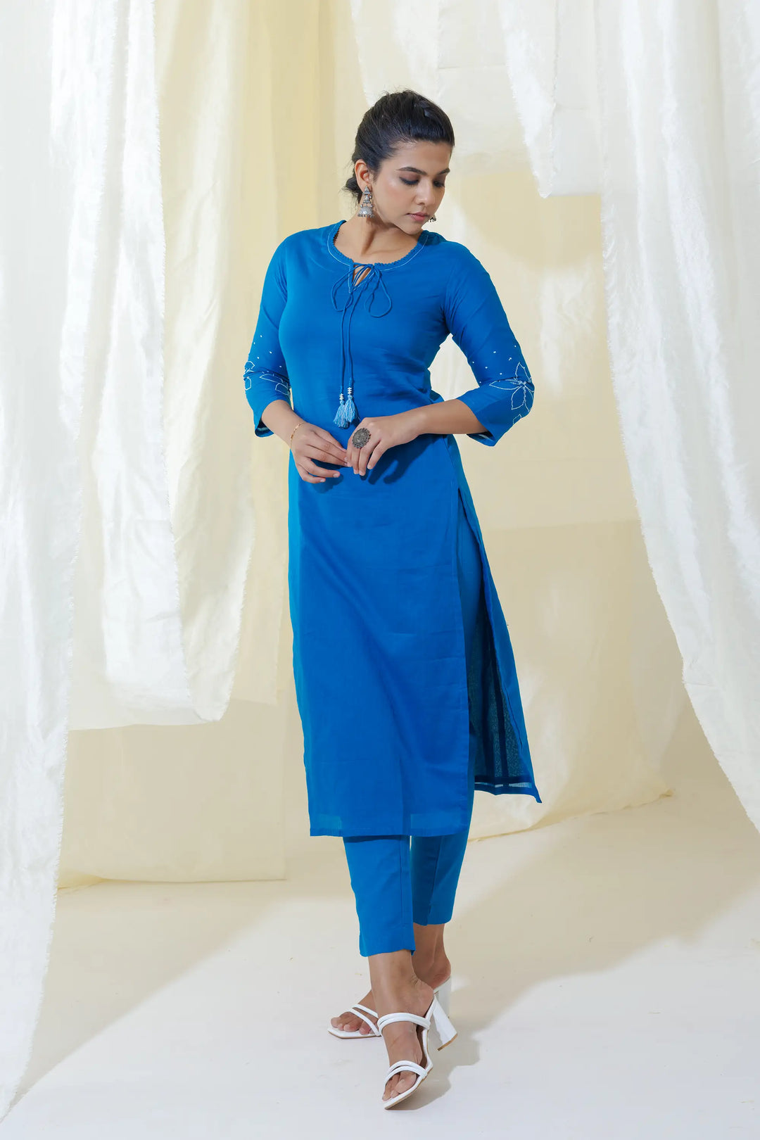 Blue Kurtis Set | Beautiful cotton designer floral embroidery work linening work