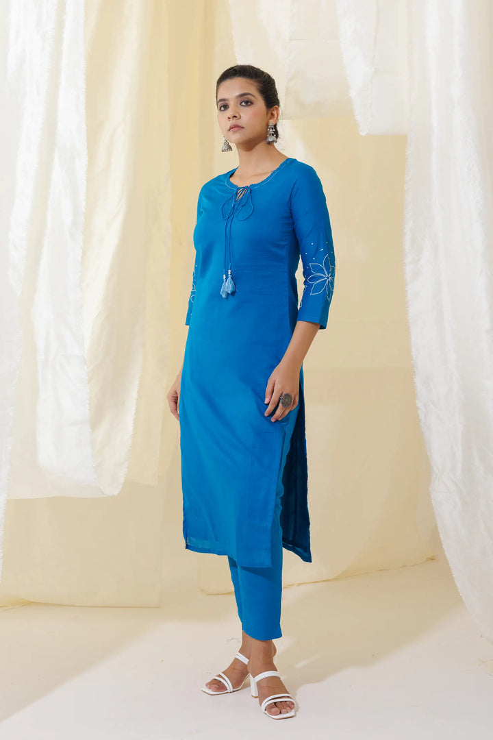 Blue Kurtis Set | Beautiful cotton designer floral embroidery work linening work