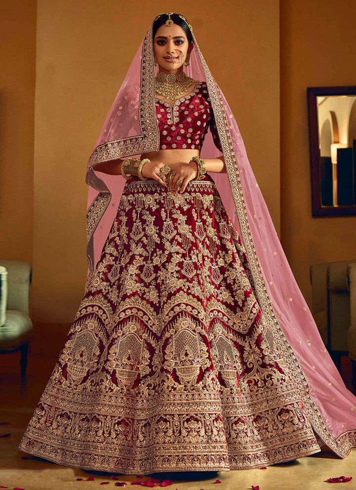 Indian Party Wear Lehenga Choli | Maroon Embroidered Velvet Set