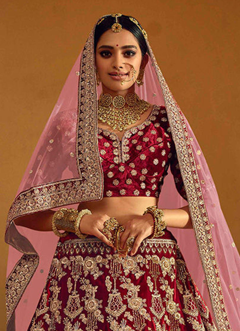 Indian Party Wear Lehenga Choli | Maroon Embroidered Velvet Set