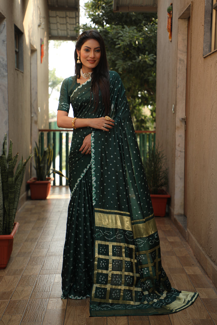 Timeless burgundy Bandhej silk saree with intricate checks pattern, perfect for cultural events.