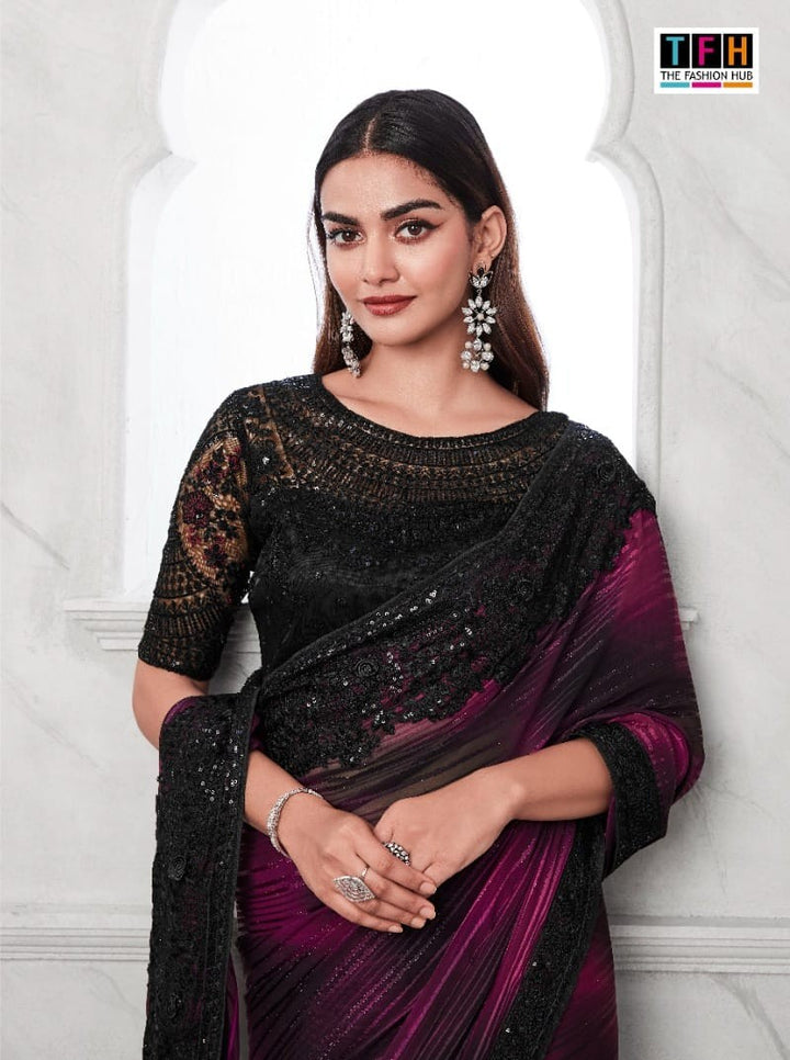 Rainbow Pattern Black Cherry Silk Saree | Stylish Indian Sadi for Parties