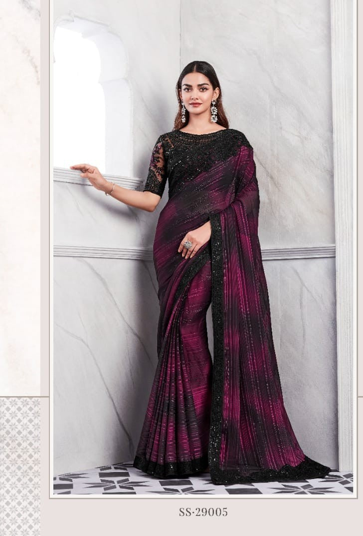 Rainbow Pattern Black Cherry Silk Saree | Stylish Indian Sadi for Parties