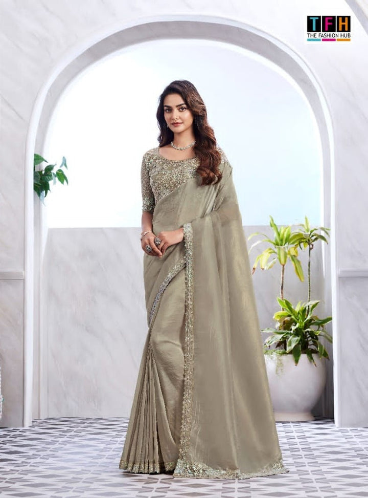 Light Grey Sim-Sim Silk Saree | Golden Shimmer Embroidery Sari