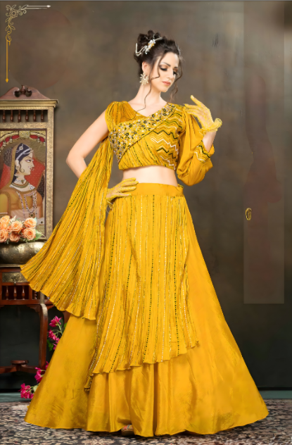 Elegant yellow chinon lehenga choli, perfect for weddings and festive occasions, designed for graceful women's wear.