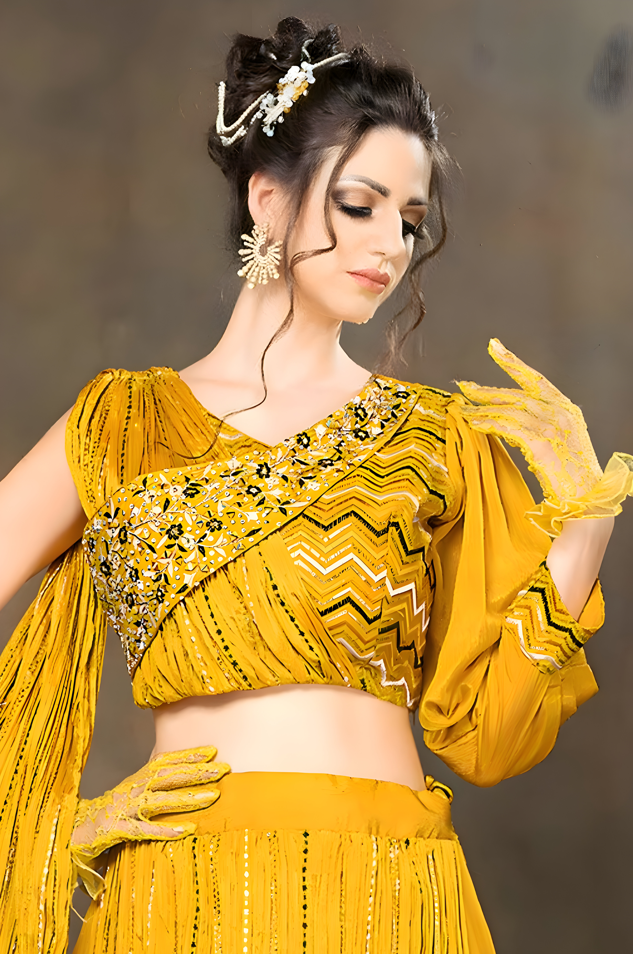 Beautiful yellow chinon lehenga choli, perfect for adding a touch of elegance to wedding and festive looks.