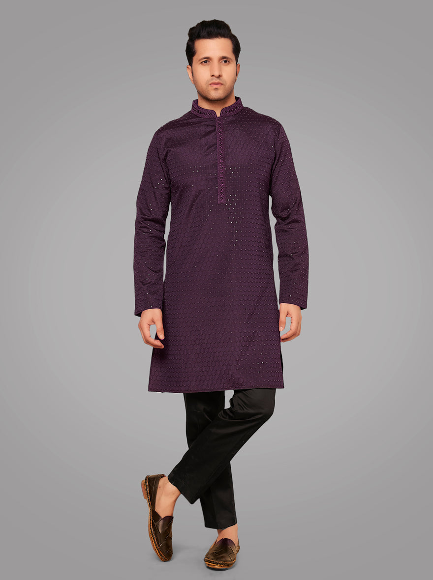 Elegant wine silk blend kurta set featuring intricate embroidery for men.