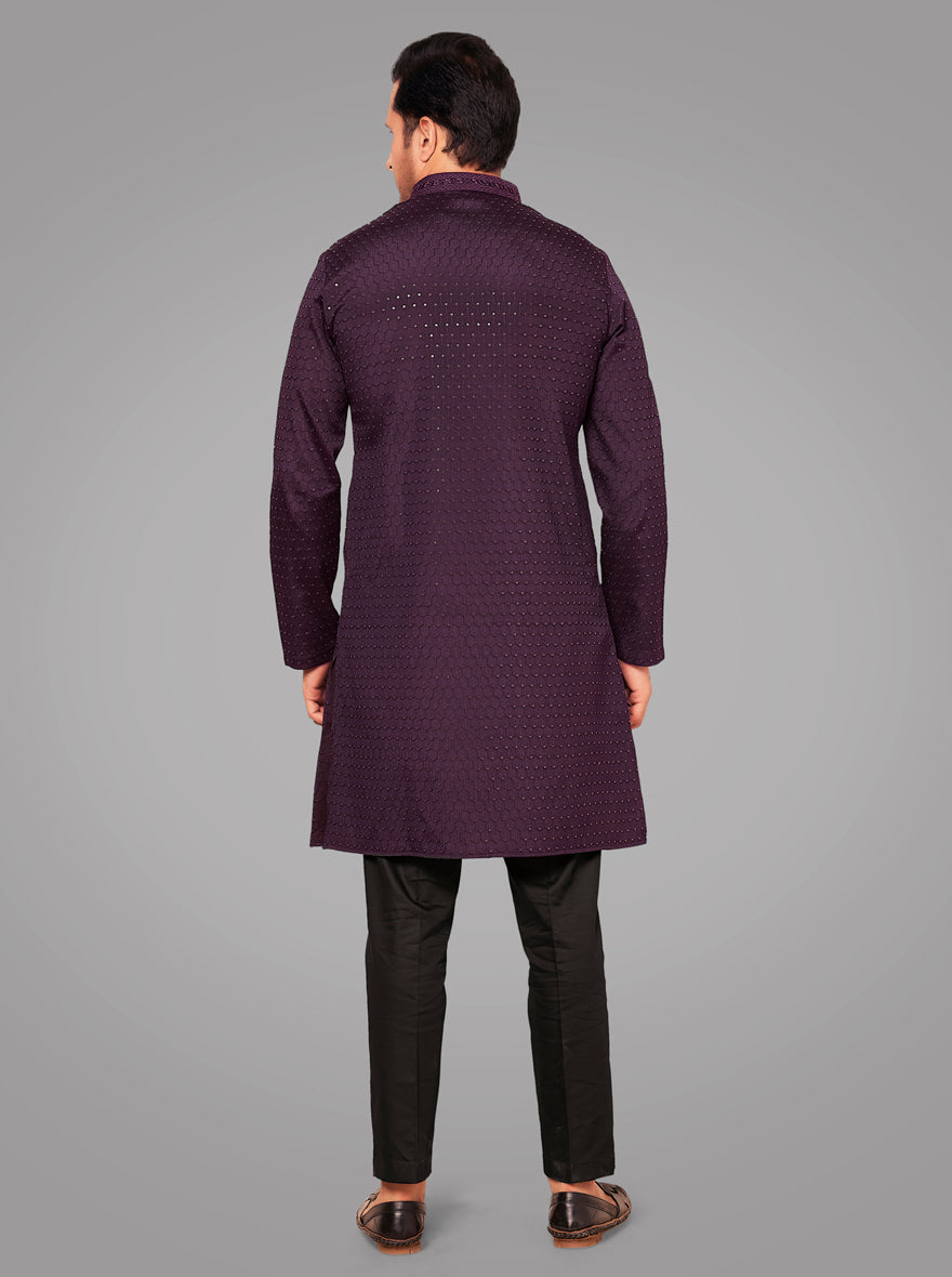 Men’s Wine Kurta Set with elegant embroidery, ideal for festive occasions.