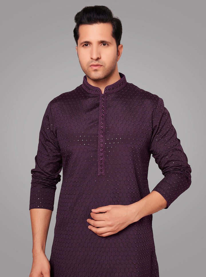 Traditional Wine Silk Blend Kurta Pajama Set with embroidery for men.