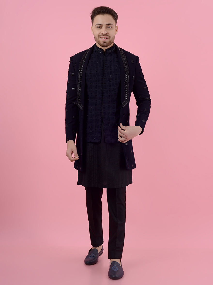 Elevate your attire with our Navy Blue Indo Western suit, designed for comfort and sophistication.