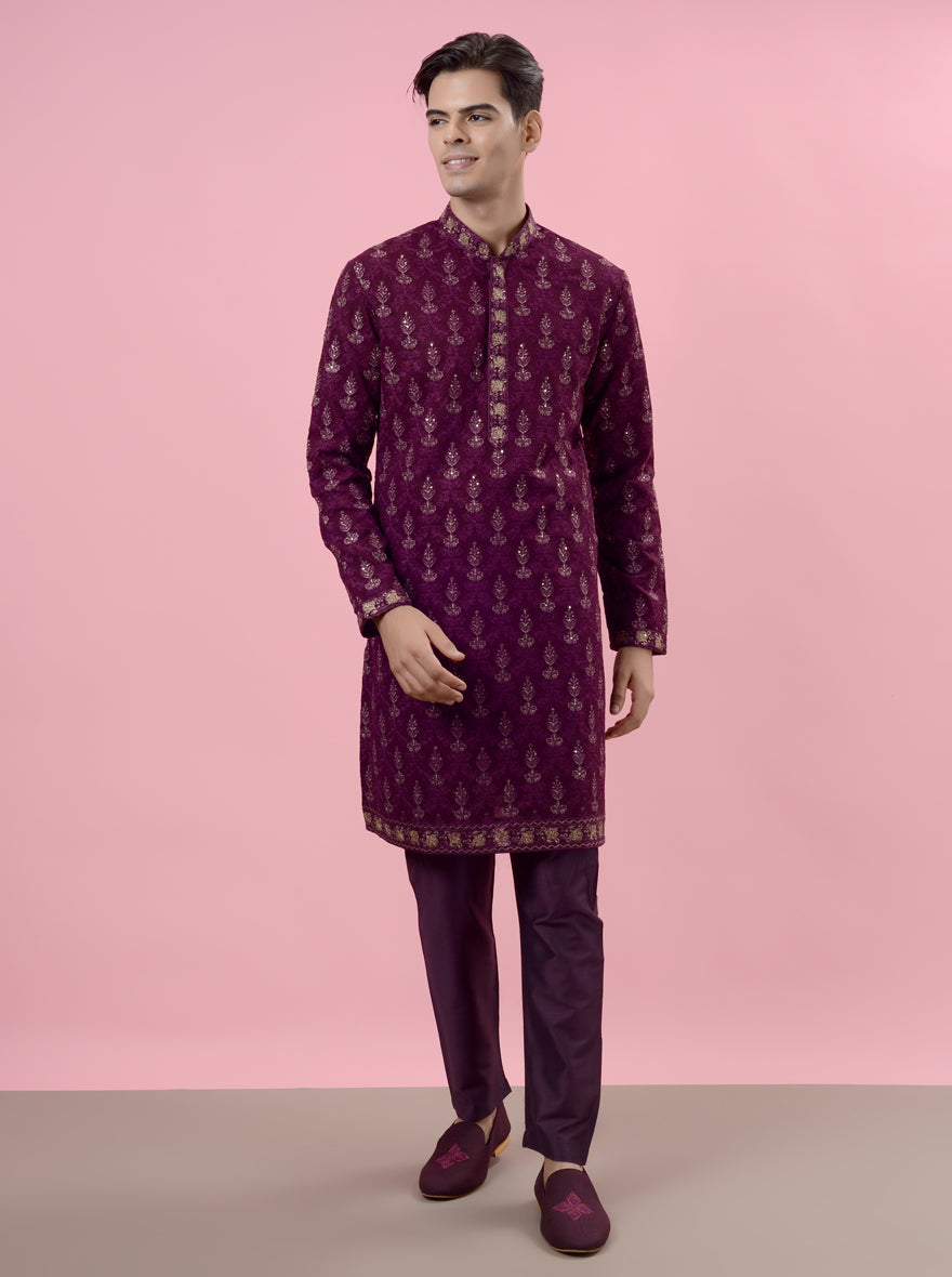 Celebrate in style with our luxurious wine kurta pajama, perfect for traditional events.