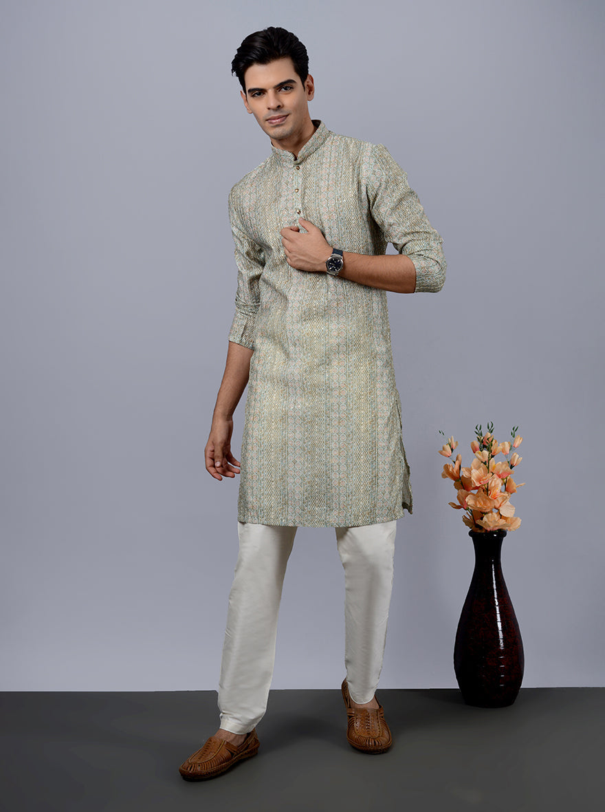 Stylish green kurta with self-design, ideal for cultural celebrations.