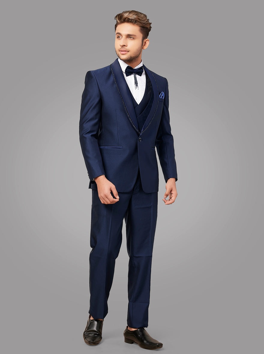 Elegant 5-piece blue suit for men, featuring regular fit and intricate placement embroidery for a sophisticated look.