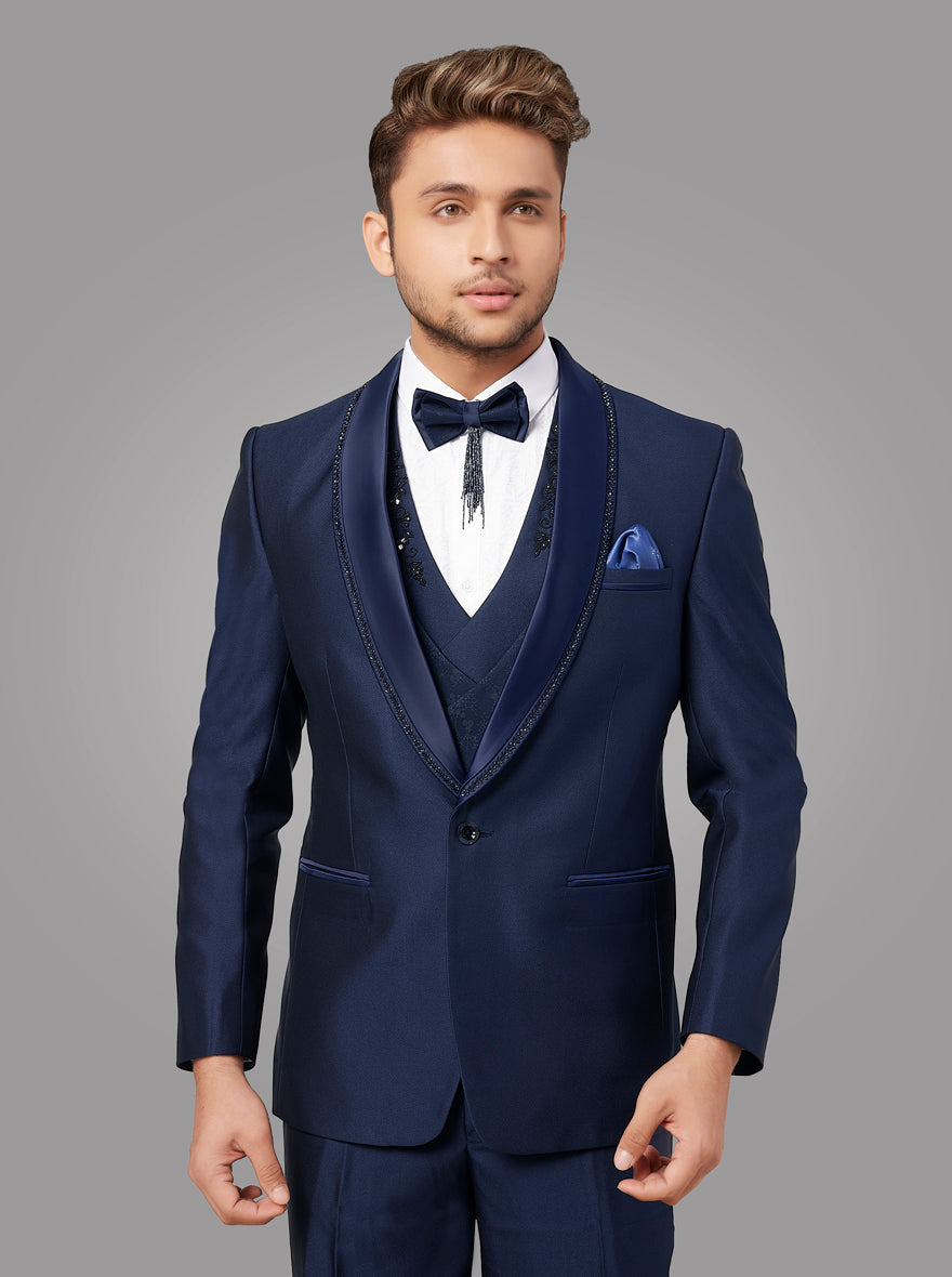 Modern blue terry rayon suit with placement embroidery, ideal for weddings, proms, and special events.