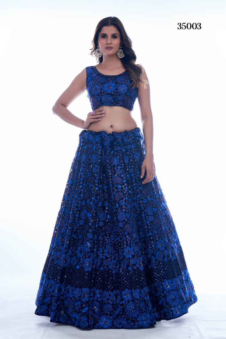 Elegant Navy Blue Georgette Lehenga Set | Intricate Thread Work & Sequins