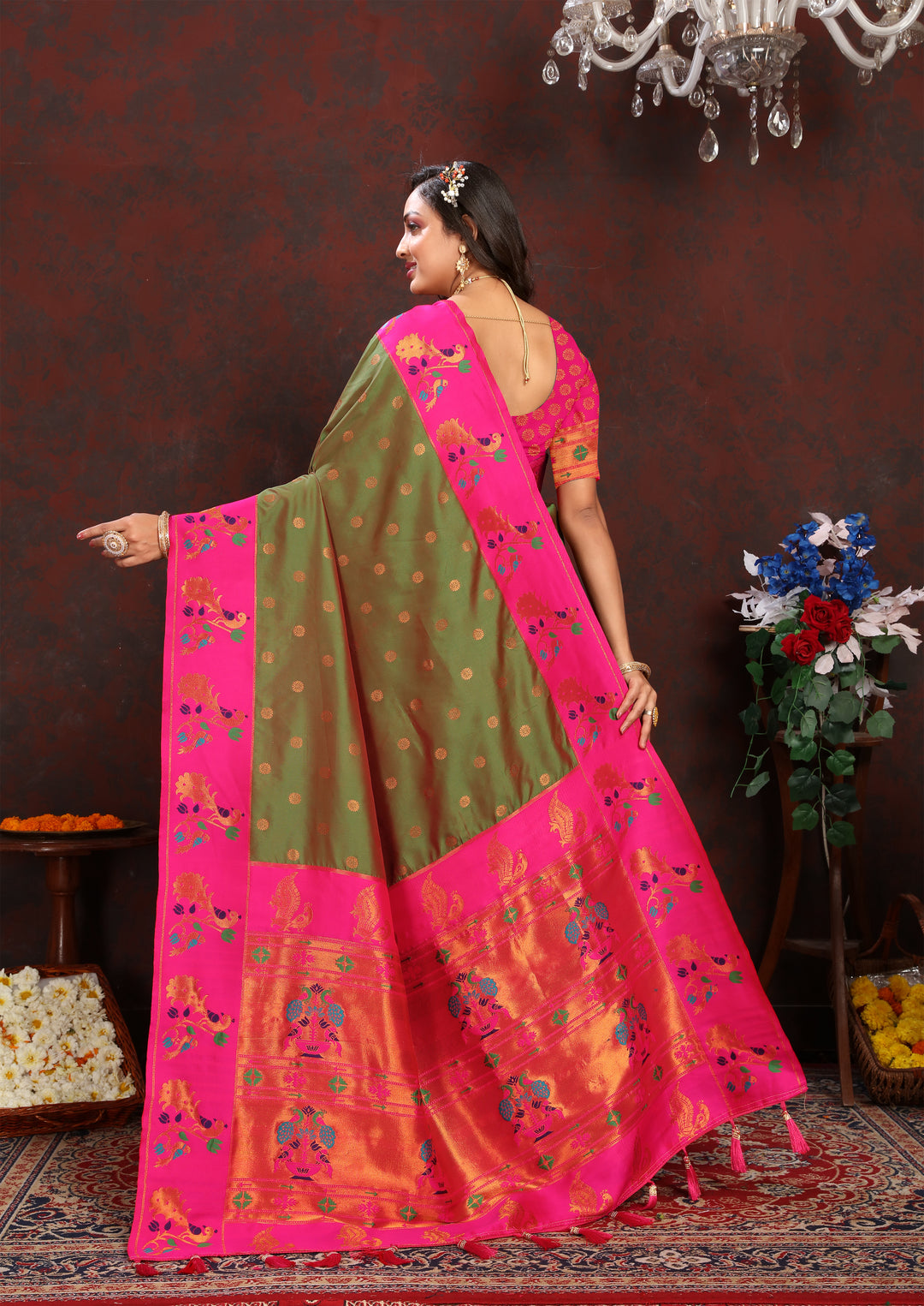 Green Paithani Saree with beautiful contrast zari, perfect for USA brides.