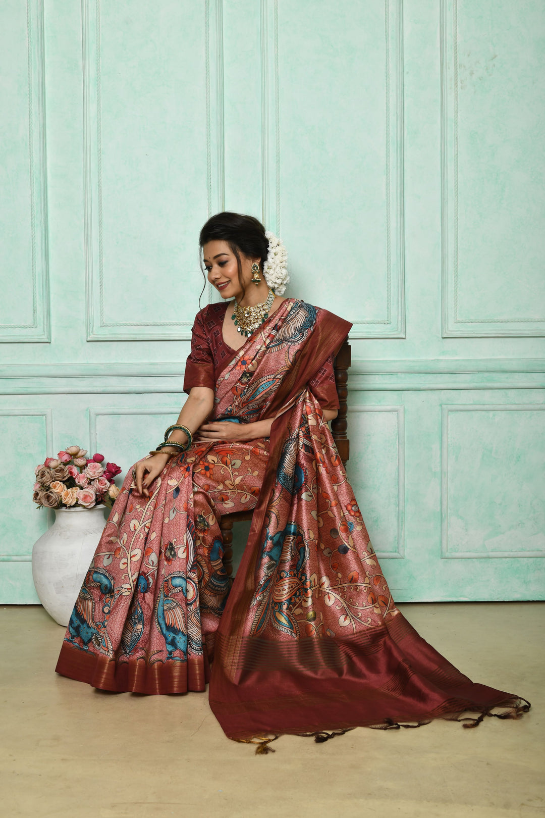 Ghicha Tussar silk saree with contrast blouse piece and Kalamkari design