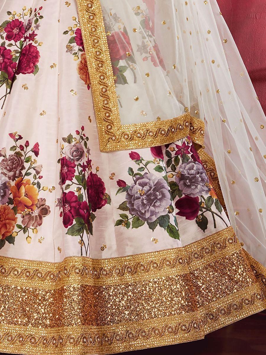 Off-white wedding lehenga with floral design and sequins work