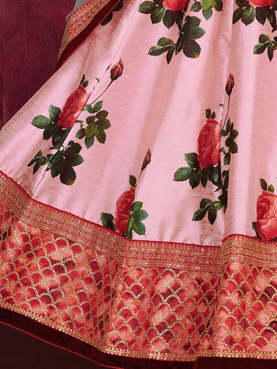 Rose-pink lehenga choli with sea green net dupatta and lace border