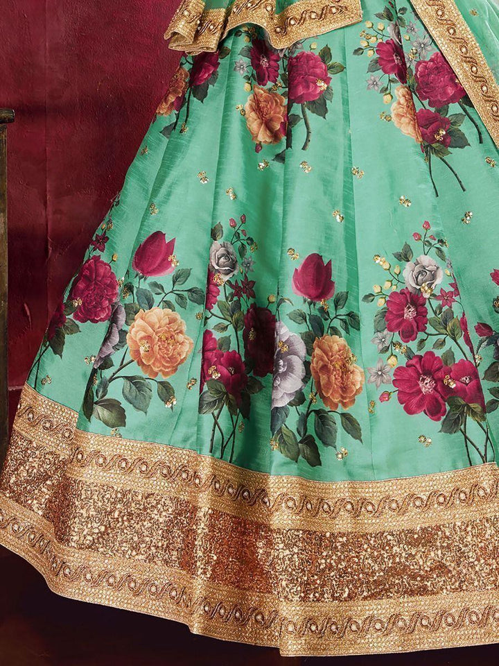 Glamorous Green Lehenga | Banglori Silk with Floral Print & Sequins for Weddings