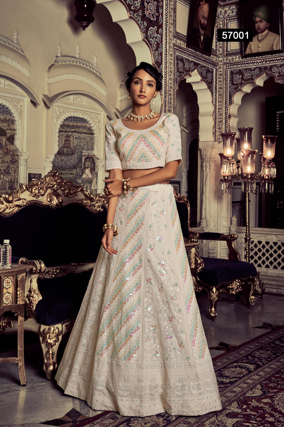 White Georgette Embroidered Lehenga | Semi-Stitched with Blouse